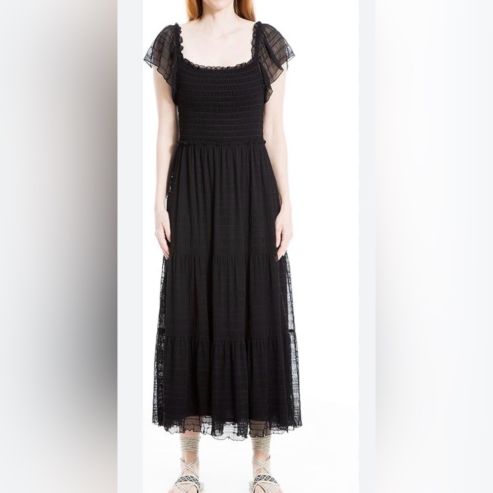 MAX STUDIO LONDON NAVY BLUE FLUTTER SLEEVE SMOCKED MIDI DRESS WOMENS SZ XS